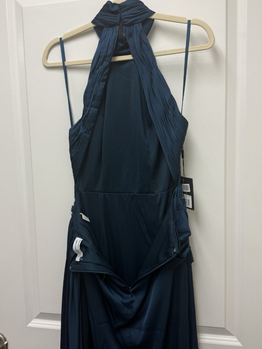 Mac Duggal Size 2 Ocean Blue Side Ruched Satin Halter Neck Prom Gown Dress Flaw - Picture 12 of 15